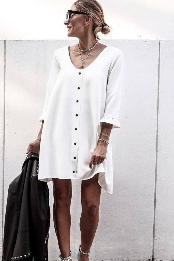 The Best Women Holiday Loose Button Ladies Summer Beach Mini Swing Sun Dress Ladies Long Sleeve Casual Top Dress Streetwear Online - Takalr