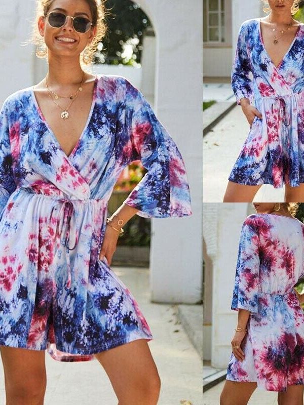 The Best Women Holiday Mini Playsuit Ladies Fashion Half Sleeve V-Neck Summer Shorts Jumpsuit Beach Casual Loose Boho Floral Rompers Online - Takalr