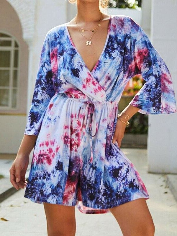 The Best Women Holiday Mini Playsuit Ladies Fashion Half Sleeve V-Neck Summer Shorts Jumpsuit Beach Casual Loose Boho Floral Rompers Online - Takalr