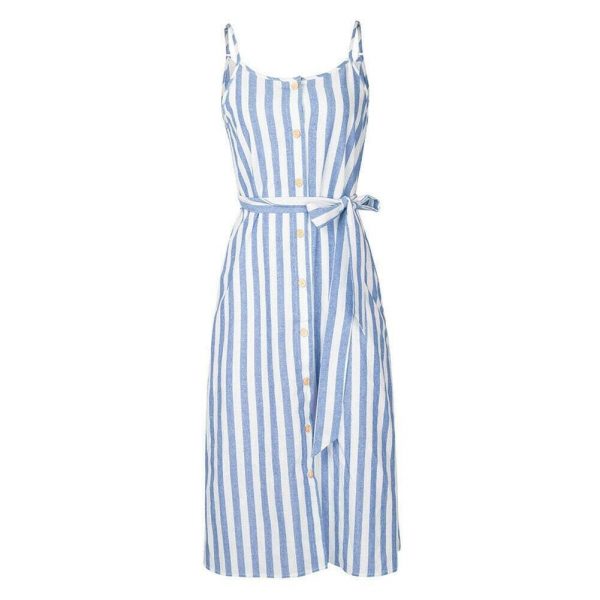 The Best Women Holiday Strappy Button Stripe Dress New Fashion Summer Ladies Beach Casual Sleeveless High Waist Sun Dress Hot Online - Takalr