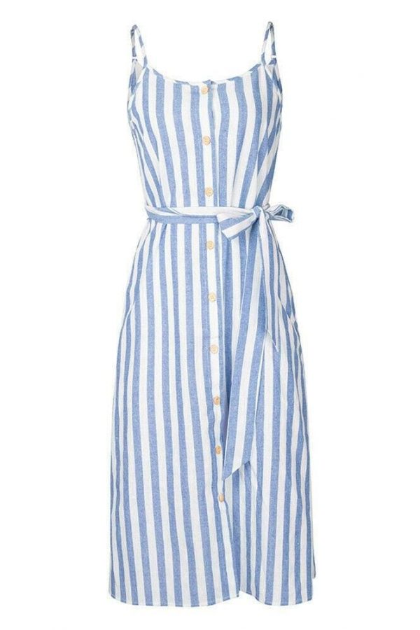 The Best Women Holiday Strappy Button Stripe Dress New Fashion Summer Ladies Beach Casual Sleeveless High Waist Sun Dress Hot Online - Takalr