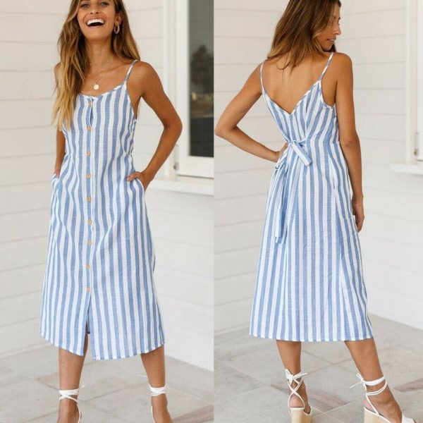 The Best Women Holiday Strappy Button Stripe Dress New Fashion Summer Ladies Beach Casual Sleeveless High Waist Sun Dress Hot Online - Takalr