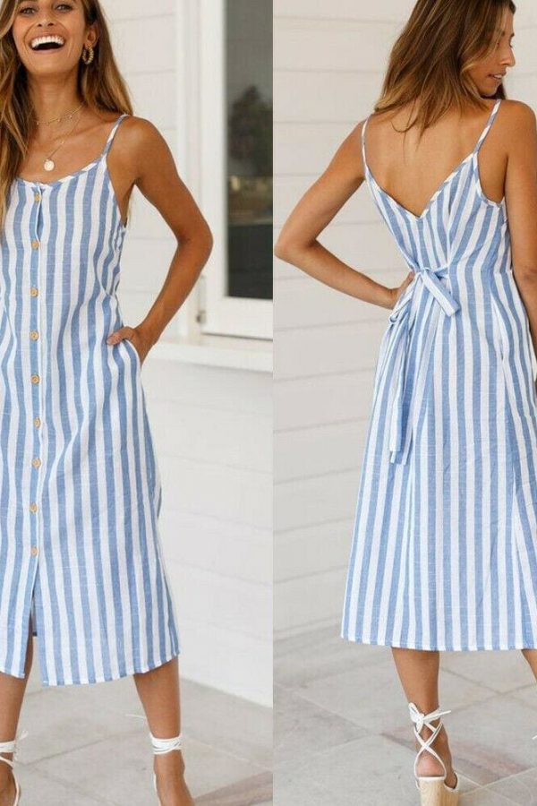 The Best Women Holiday Strappy Button Stripe Dress New Fashion Summer Ladies Beach Casual Sleeveless High Waist Sun Dress Hot Online - Takalr