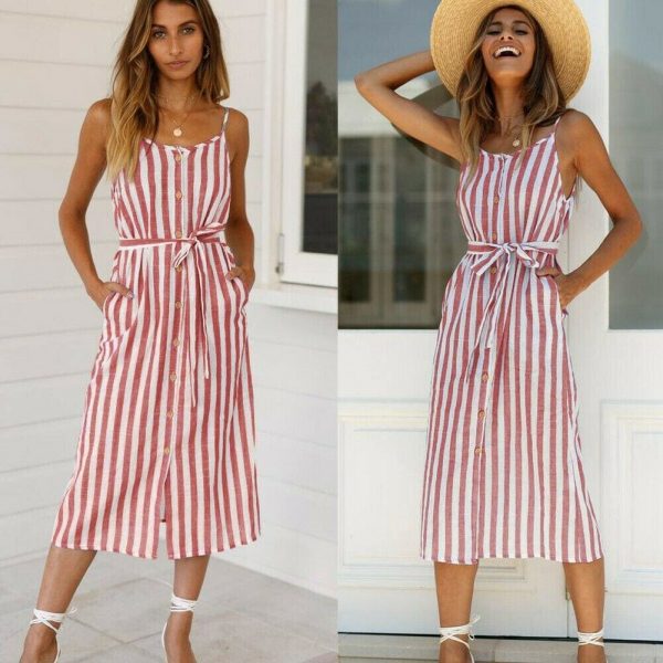 The Best Women Holiday Strappy Button Stripe Dress New Fashion Summer Ladies Beach Casual Sleeveless High Waist Sun Dress Hot Online - Takalr