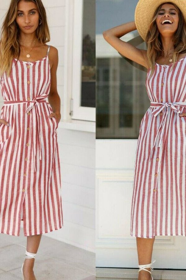 The Best Women Holiday Strappy Button Stripe Dress New Fashion Summer Ladies Beach Casual Sleeveless High Waist Sun Dress Hot Online - Takalr