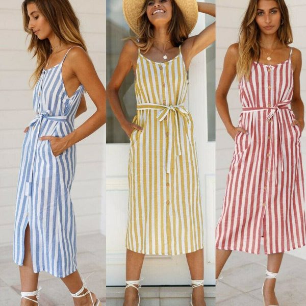 The Best Women Holiday Strappy Button Stripe Dress New Fashion Summer Ladies Beach Casual Sleeveless High Waist Sun Dress Hot Online - Takalr