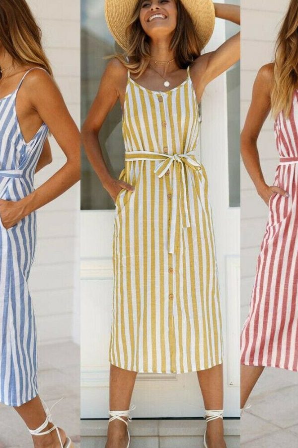 The Best Women Holiday Strappy Button Stripe Dress New Fashion Summer Ladies Beach Casual Sleeveless High Waist Sun Dress Hot Online - Takalr