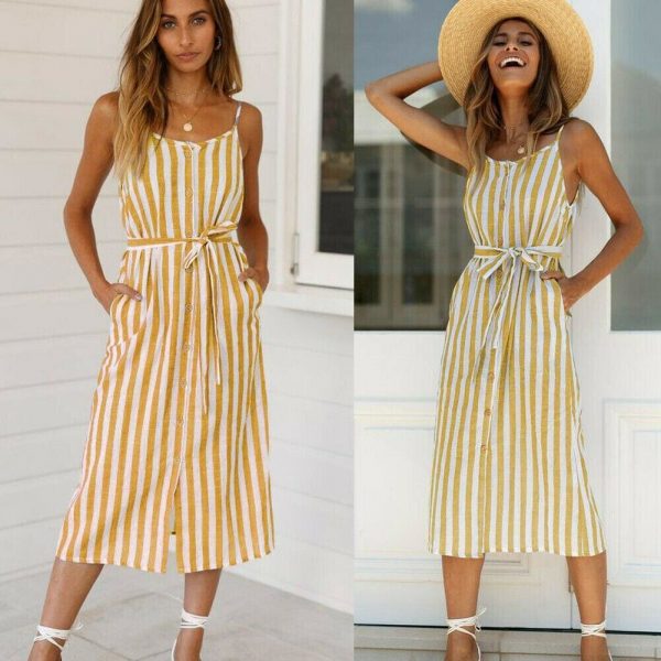 The Best Women Holiday Strappy Button Stripe Dress New Fashion Summer Ladies Beach Casual Sleeveless High Waist Sun Dress Hot Online - Takalr