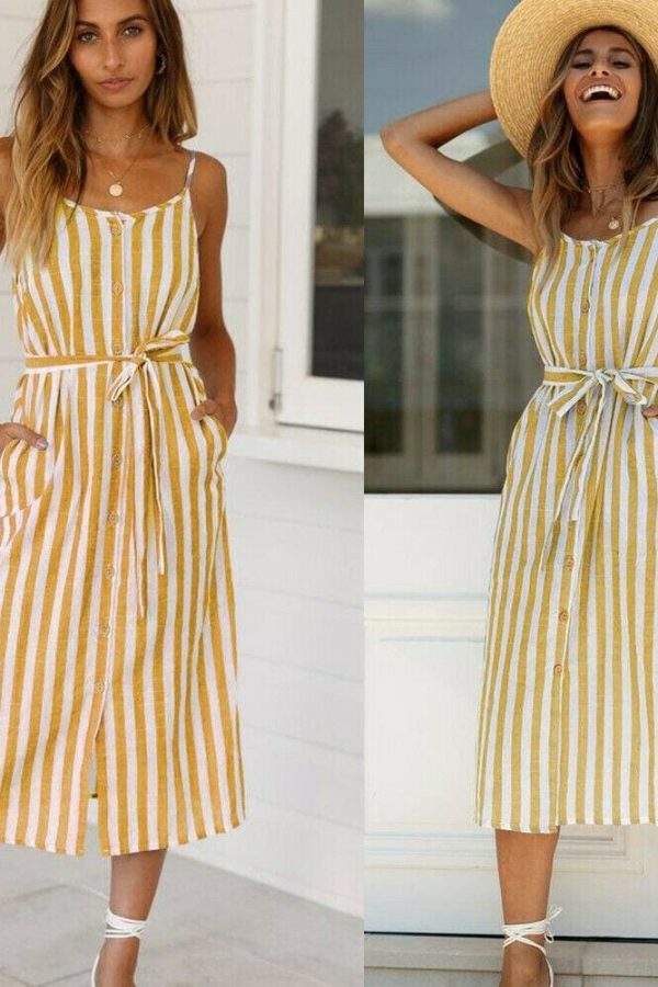 The Best Women Holiday Strappy Button Stripe Dress New Fashion Summer Ladies Beach Casual Sleeveless High Waist Sun Dress Hot Online - Takalr