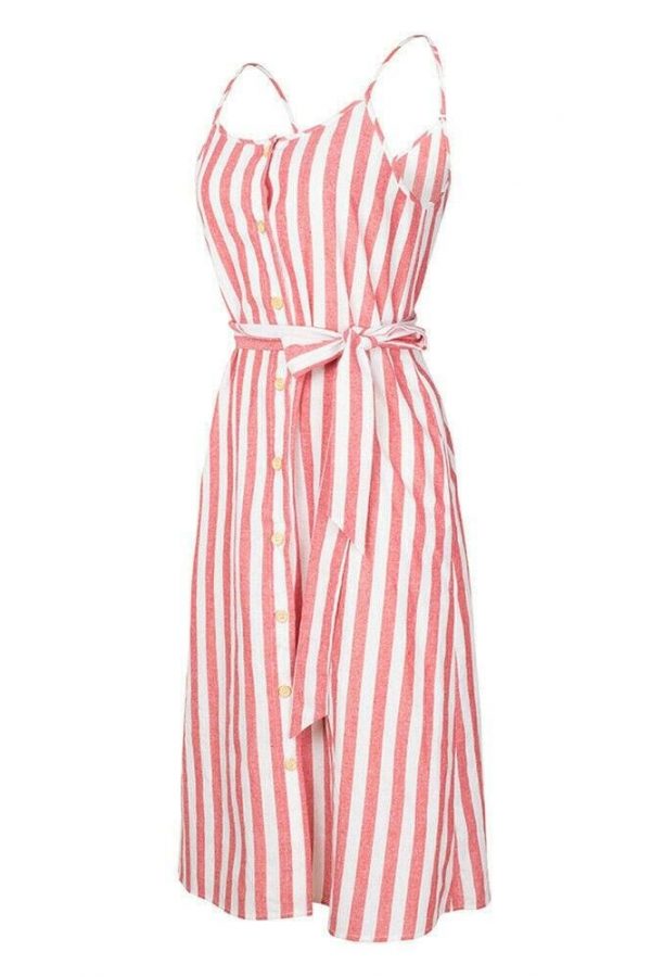 The Best Women Holiday Strappy Button Stripe Dress New Fashion Summer Ladies Beach Casual Sleeveless High Waist Sun Dress Hot Online - Takalr