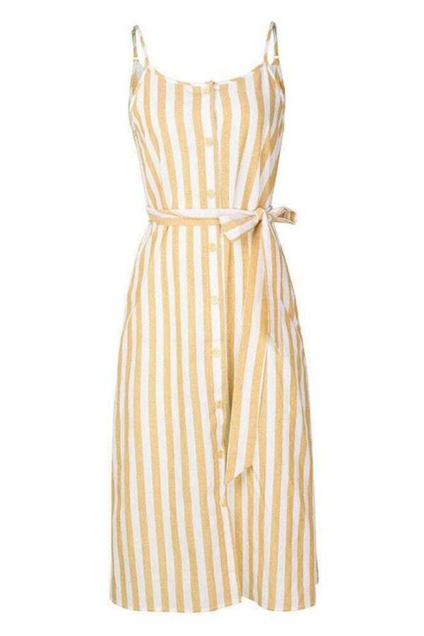 The Best Women Holiday Strappy Button Stripe Dress New Fashion Summer Ladies Beach Casual Sleeveless High Waist Sun Dress Hot Online - Takalr