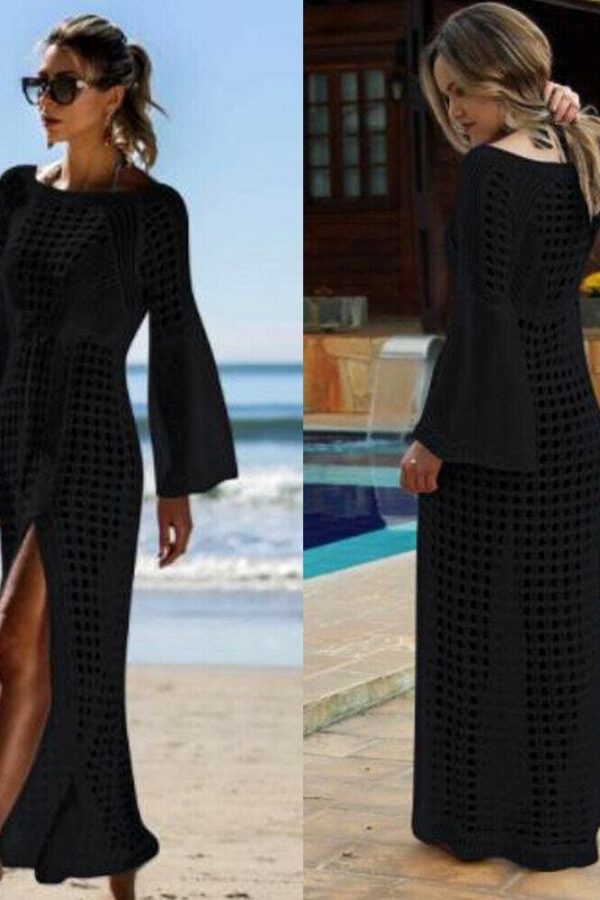 The Best Women Hollow Knitted Beach Long Sleeve Dress Ladies Swimwear Bathing Suit Online - Takalr