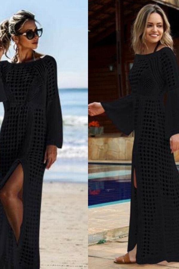 The Best Women Hollow Knitted Beach Long Sleeve Dress Ladies Swimwear Bathing Suit Online - Takalr