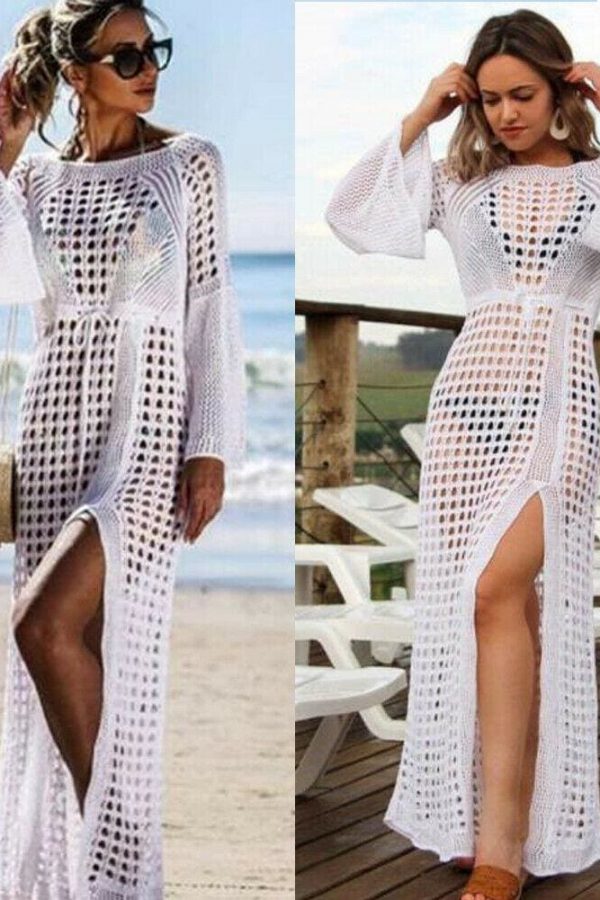 The Best Women Hollow Knitted Beach Long Sleeve Dress Ladies Swimwear Bathing Suit Online - Takalr