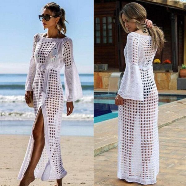 The Best Women Hollow Knitted Beach Long Sleeve Dress Ladies Swimwear Bathing Suit Online - Takalr