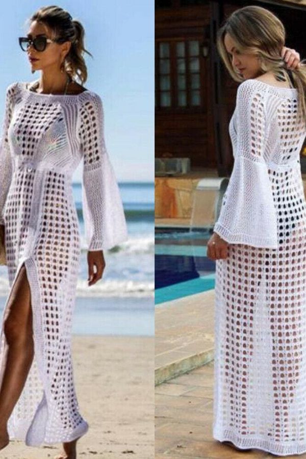 The Best Women Hollow Knitted Beach Long Sleeve Dress Ladies Swimwear Bathing Suit Online - Takalr