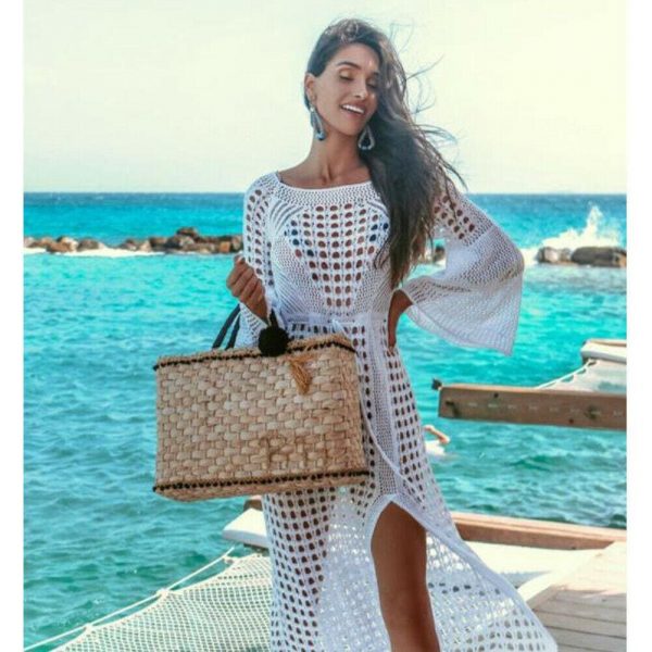 The Best Women Hollow Knitted Beach Long Sleeve Dress Ladies Swimwear Bathing Suit Online - Takalr