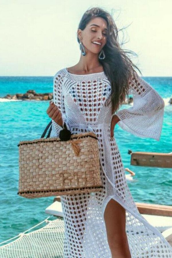 The Best Women Hollow Knitted Beach Long Sleeve Dress Ladies Swimwear Bathing Suit Online - Takalr