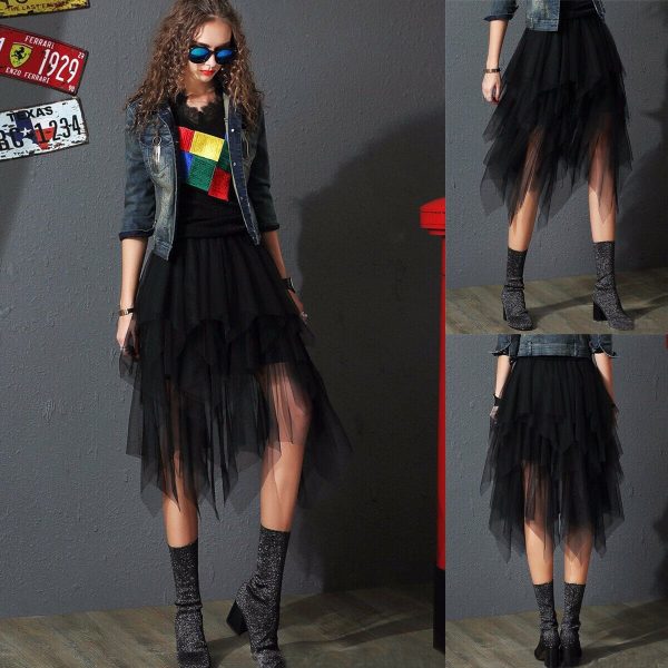 The Best Women Irregular Mesh Tulle Tutu Skirt Elastic High Waist Female Prom Party Casual Layers Pleated Long Maxi Skirt Online - Takalr