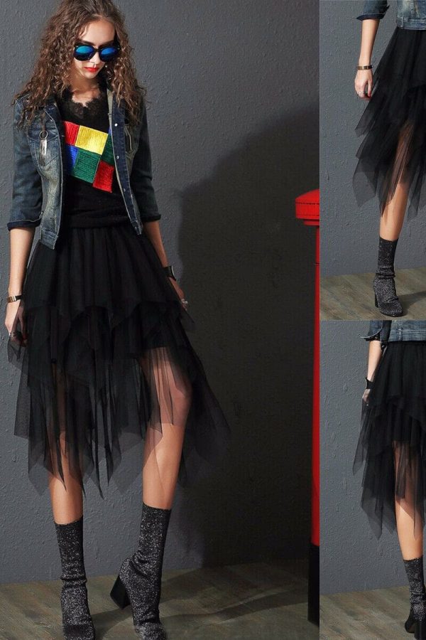 The Best Women Irregular Mesh Tulle Tutu Skirt Elastic High Waist Female Prom Party Casual Layers Pleated Long Maxi Skirt Online - Takalr