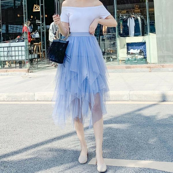 The Best Women Irregular Mesh Tulle Tutu Skirt Elastic High Waist Female Prom Party Casual Layers Pleated Long Maxi Skirt Online - Takalr