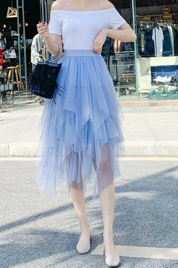 The Best Women Irregular Mesh Tulle Tutu Skirt Elastic High Waist Female Prom Party Casual Layers Pleated Long Maxi Skirt Online - Takalr