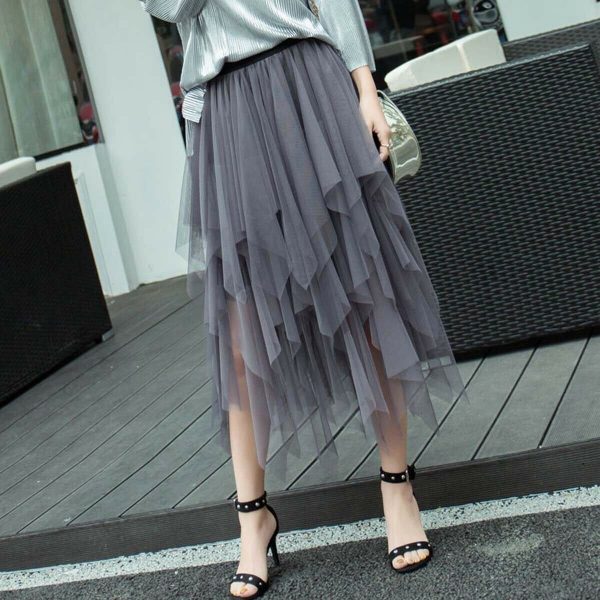 The Best Women Irregular Mesh Tulle Tutu Skirt Elastic High Waist Female Prom Party Casual Layers Pleated Long Maxi Skirt Online - Takalr