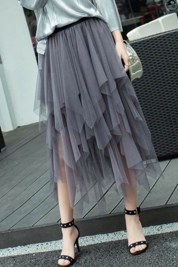 The Best Women Irregular Mesh Tulle Tutu Skirt Elastic High Waist Female Prom Party Casual Layers Pleated Long Maxi Skirt Online - Takalr