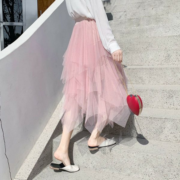 The Best Women Irregular Mesh Tulle Tutu Skirt Elastic High Waist Female Prom Party Casual Layers Pleated Long Maxi Skirt Online - Takalr