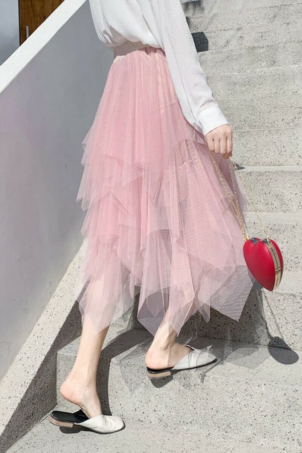 The Best Women Irregular Mesh Tulle Tutu Skirt Elastic High Waist Female Prom Party Casual Layers Pleated Long Maxi Skirt Online - Takalr