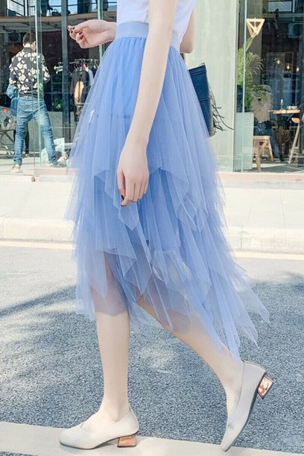 The Best Women Irregular Mesh Tulle Tutu Skirt Elastic High Waist Female Prom Party Casual Layers Pleated Long Maxi Skirt Online - Takalr