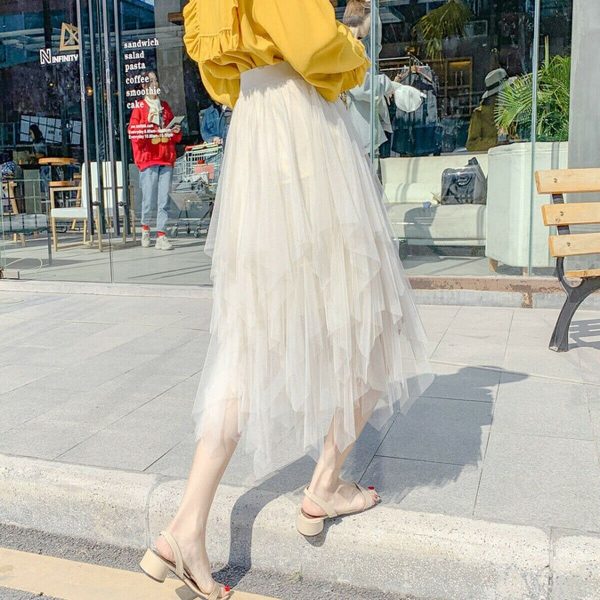 The Best Women Irregular Mesh Tulle Tutu Skirt Elastic High Waist Female Prom Party Casual Layers Pleated Long Maxi Skirt Online - Takalr