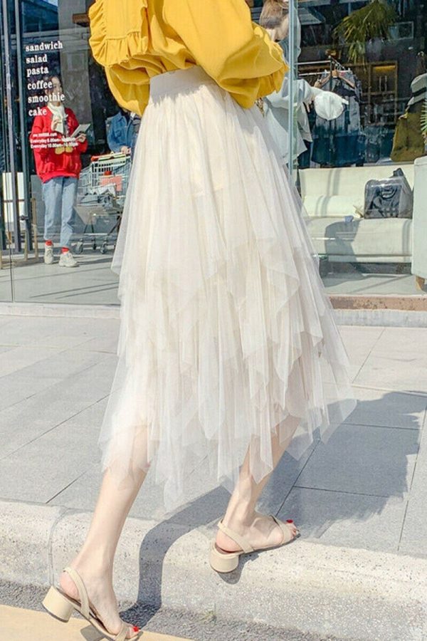 The Best Women Irregular Mesh Tulle Tutu Skirt Elastic High Waist Female Prom Party Casual Layers Pleated Long Maxi Skirt Online - Takalr