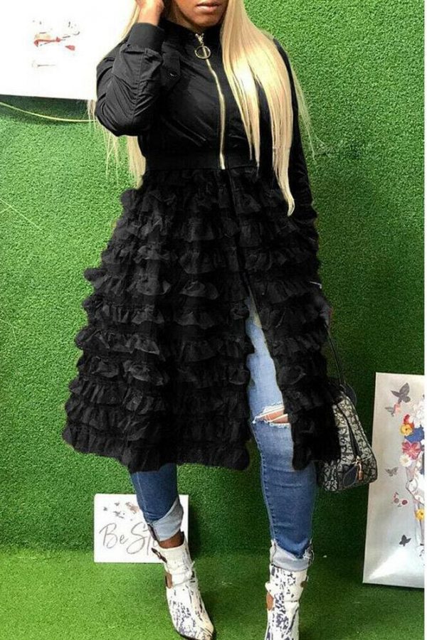 The Best Women Jacket Fashion Solid Color Long Sleeve Womens Jackets Lace Ruffles Mesh Stitching Suit Elegant Overcoat Long Jackets Online - Takalr