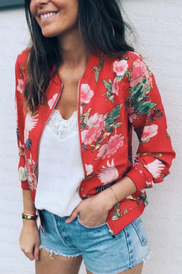 The Best Women Jacket Lady Bomber Floral Print Street Outwears Polyester Online - Takalr