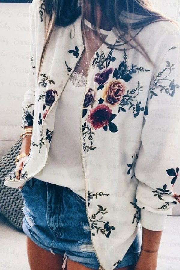 The Best Women Jacket Lady Bomber Floral Print Street Outwears Polyester Online - Takalr