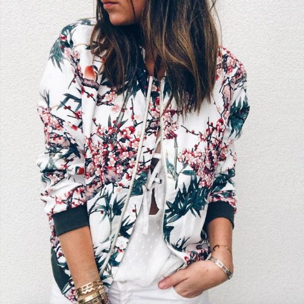 The Best Women Jacket Lady Bomber Floral Print Street Outwears Polyester Online - Takalr