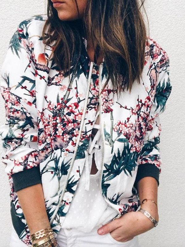 The Best Women Jacket Lady Bomber Floral Print Street Outwears Polyester Online - Takalr