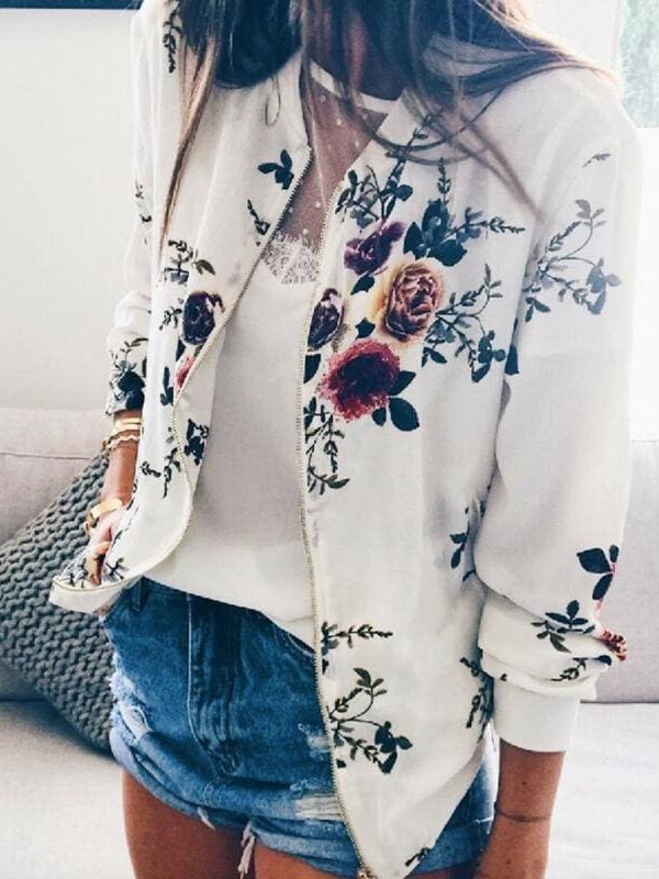 The Best Women Jacket Lady Bomber Floral Print Street Outwears Polyester Online - Takalr