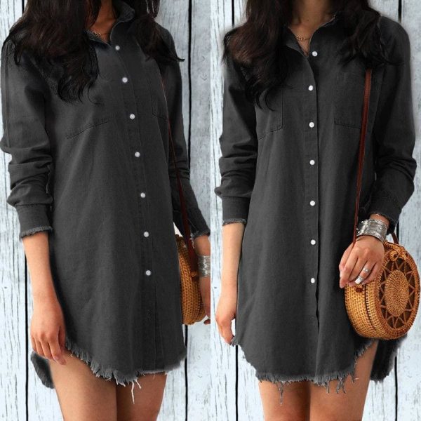 The Best Women Jeans Denim Pocket Long Sleeve Loose T Shirt Slim Mini Dress Summer Ladies Holiday Casual Sundress Online - Source Silk