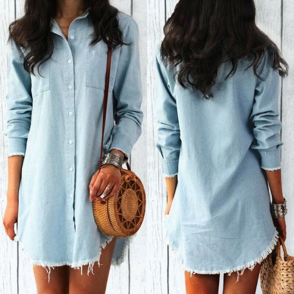 The Best Women Jeans Denim Pocket Long Sleeve Loose T Shirt Slim Mini Dress Summer Ladies Holiday Casual Sundress Online - Source Silk