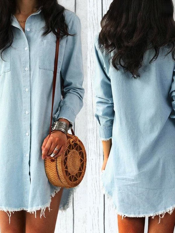 The Best Women Jeans Denim Pocket Long Sleeve Loose T Shirt Slim Mini Dress Summer Ladies Holiday Casual Sundress Online - Source Silk