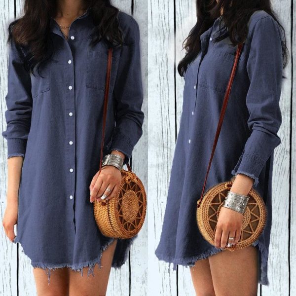 The Best Women Jeans Denim Pocket Long Sleeve Loose T Shirt Slim Mini Dress Summer Ladies Holiday Casual Sundress Online - Source Silk