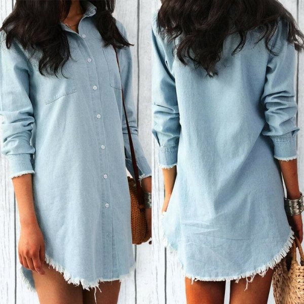 The Best Women Jeans Denim Pocket Long Sleeve Loose T Shirt Slim Mini Dress Summer Ladies Holiday Casual Sundress Online - Source Silk