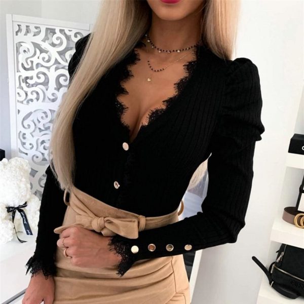 The Best Women Knit Blouse Shirt V Neck Long Sleeve Button Tee Ladies Winter Casual Slim Pullover Tops Sweater Online - Takalr