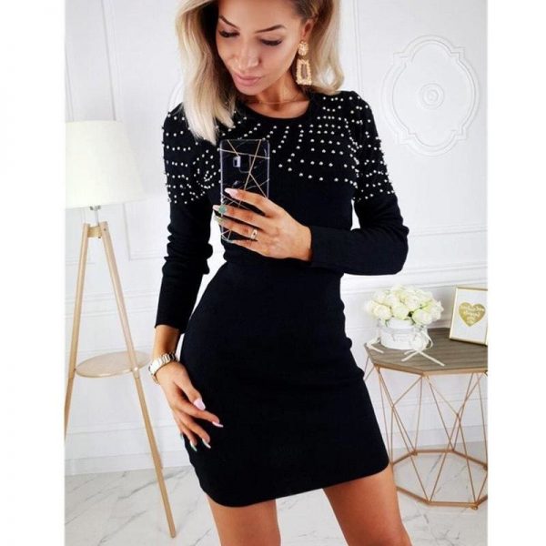 The Best Women Knitted Bodycon Pearl Dress Ladies Autumn Winter Long Sleeve Knitted Dress Casual Mini Dresses Online - Takalr