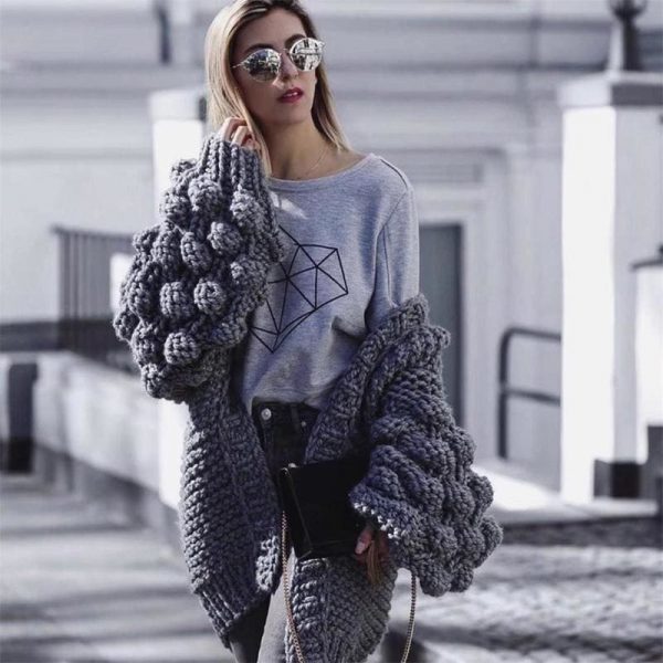 The Best Women Knitted Cardigan Puff Sleeve Loose Sweater Ladies Autumn Winter Warm Casual Outwear Coat Tops Online - Takalr