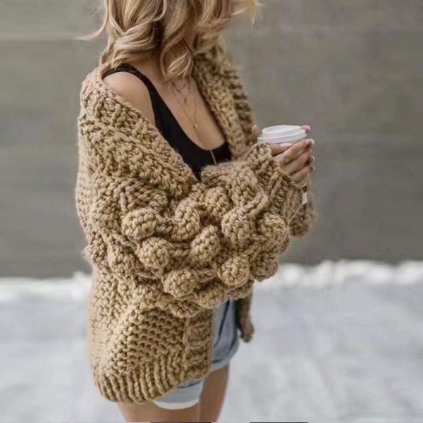 The Best Women Knitted Cardigan Puff Sleeve Loose Sweater Ladies Autumn Winter Warm Casual Outwear Coat Tops Online - Takalr