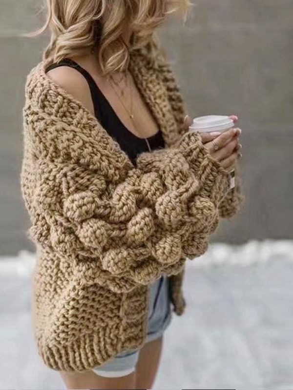 The Best Women Knitted Cardigan Puff Sleeve Loose Sweater Ladies Autumn Winter Warm Casual Outwear Coat Tops Online - Takalr