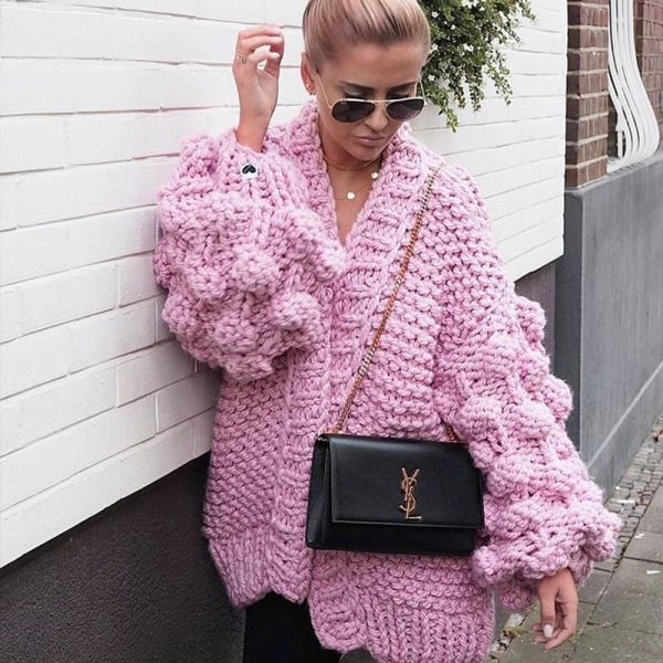 The Best Women Knitted Cardigan Puff Sleeve Loose Sweater Ladies Autumn Winter Warm Casual Outwear Coat Tops Online - Takalr